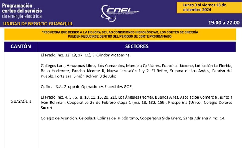 Cortes de luz en Guayaquil del 9 al 15 de diciembre