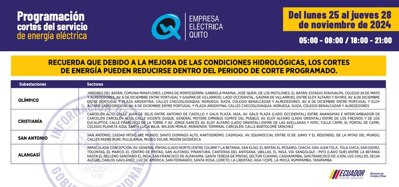 Cortes de luz en Quito del 25 al 28 de noviembre