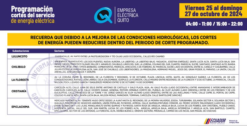Quito: recuerde los horarios de cortes de luz de 14 horas para este 26 y 27 de octubre. Imagen: EEQ