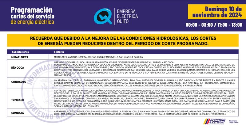 Cortes de luz del domingo 10 de noviembre en Quito
