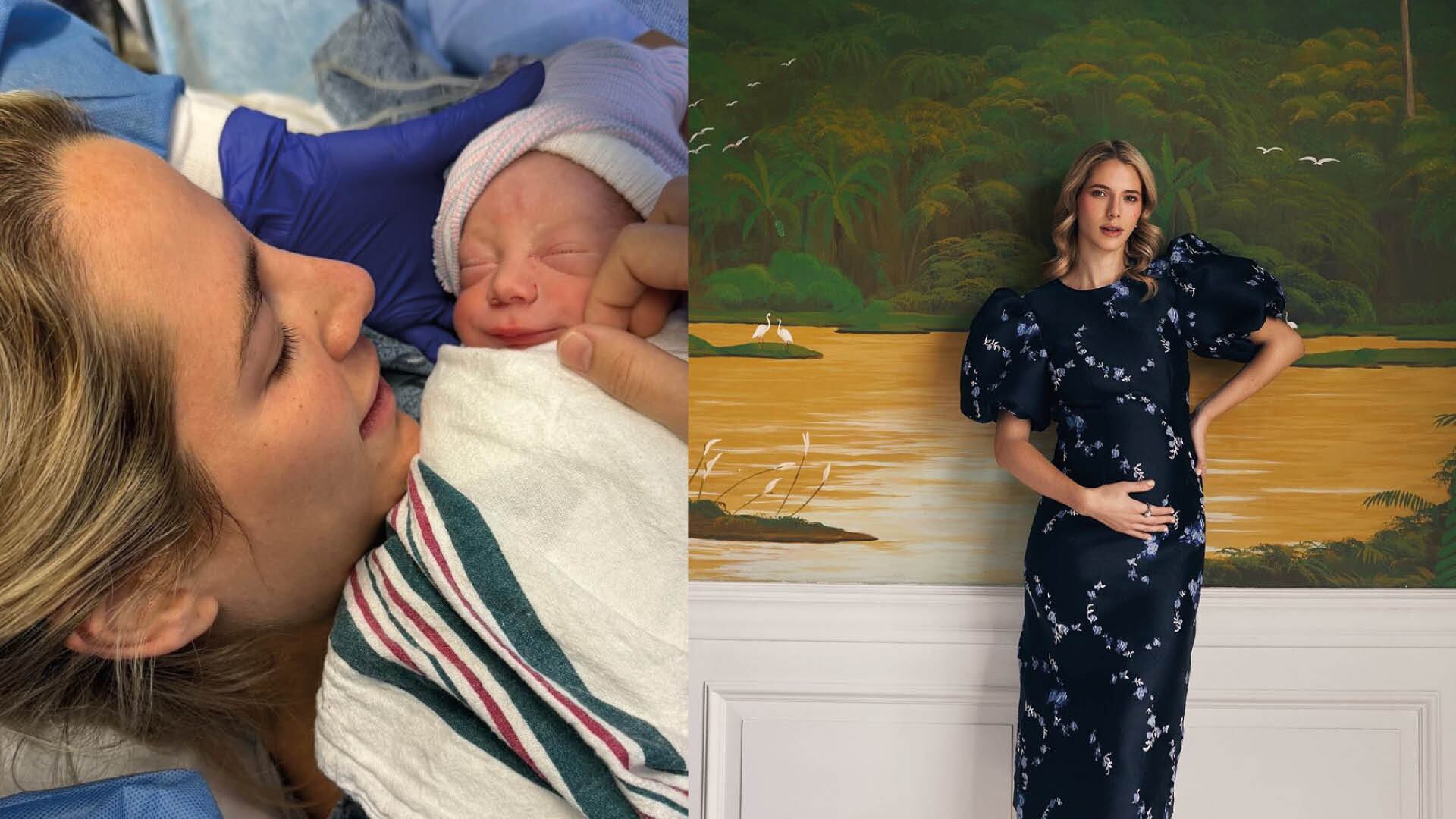 Lavinia Valbonesi junto a su bebé y durante su embarazo