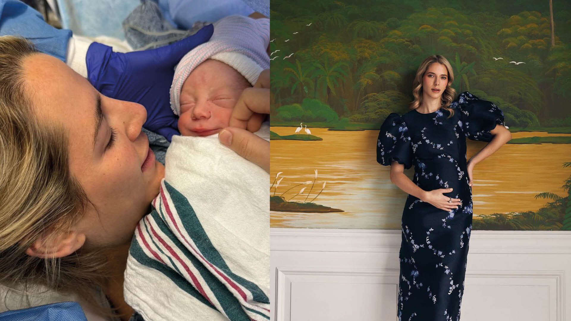 Lavinia Valbonesi junto a su bebé y durante su embarazo