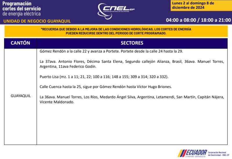 Guayaquil: revise los horarios de cortes de luz del 2 al 8 de diciembre. Imagen: CNEL