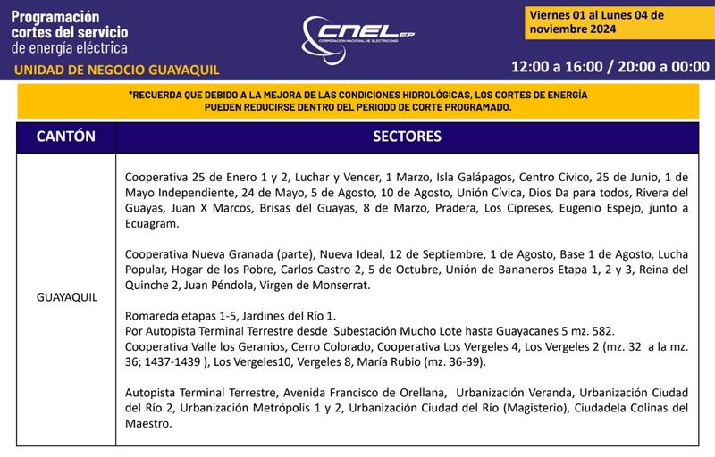 Guayaquil: Así quedan los nuevos horarios de cortes de luz para el feriado de noviembre