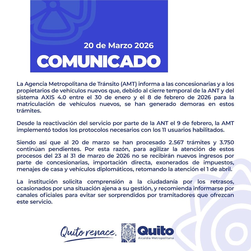 AMT suspende recepción de trámites de matriculación de vehículos nuevos en Quito