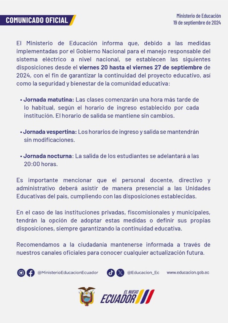 Horarios de entrada y salida en unidades educativas se modifican por siete días