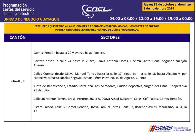 Cortes de luz en Guayaquil del 31 de octubre al 3 de noviembre
