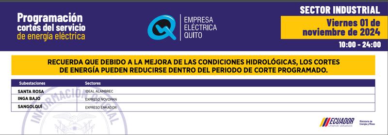 Cronograma de cortes de luz del viernes 1 al lunes 4 de noviembre en Quito