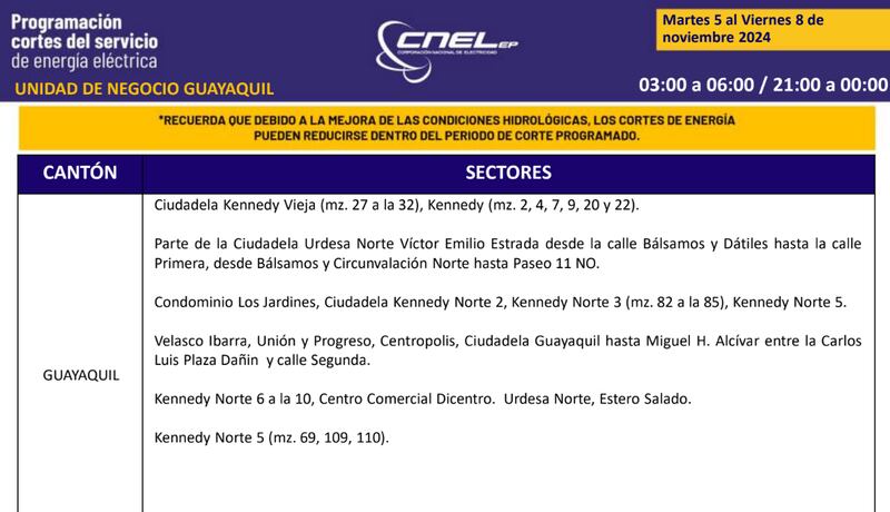 Cortes de luz en Guayaquil hasta el 8 de noviembre