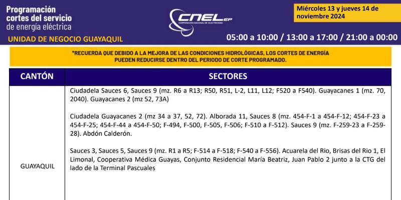 Cortes de luz en Quito 13 y 14 de noviembre
