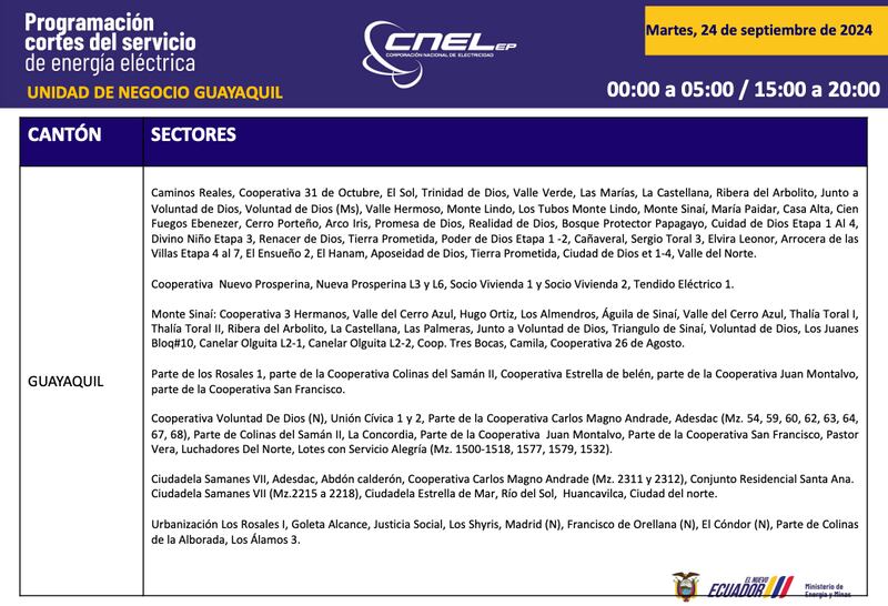 Horario de cortes de luz para este martes 24 de septiembre en Guayaquil.
