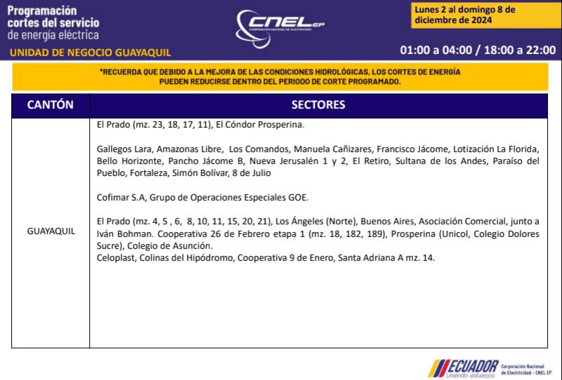 Guayaquil: revise los horarios de cortes de luz del 2 al 8 de diciembre. Imagen: CNEL