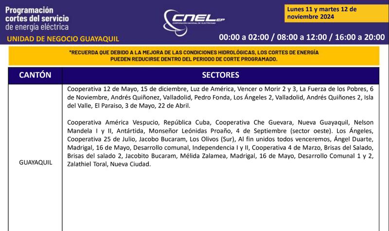 Cortes de luz en Guayaquil el 11 y 12 de noviembre