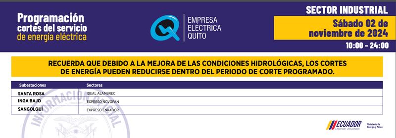 Cortes de luz en Quito: cambian los horarios para el 03 y 04 de noviembre