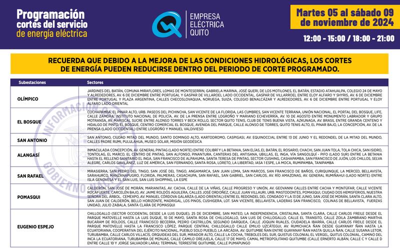 Cortes de luz en Quito hasta el 10 de noviembre