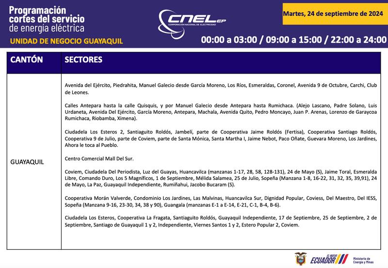 Horario de cortes de luz para este martes 24 de septiembre en Guayaquil.