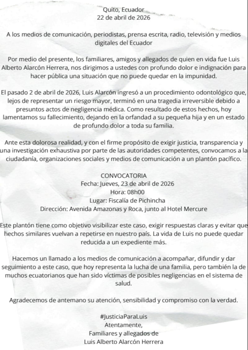 Fiscalía llama a rendir versión a odontólogos y representantes de la clínica donde perdió la vida Luis Alarcón en Quito