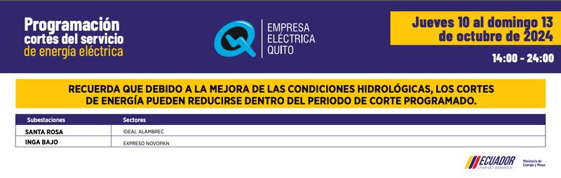 Cortes de luz en Quito del 10 al 13 de octubre