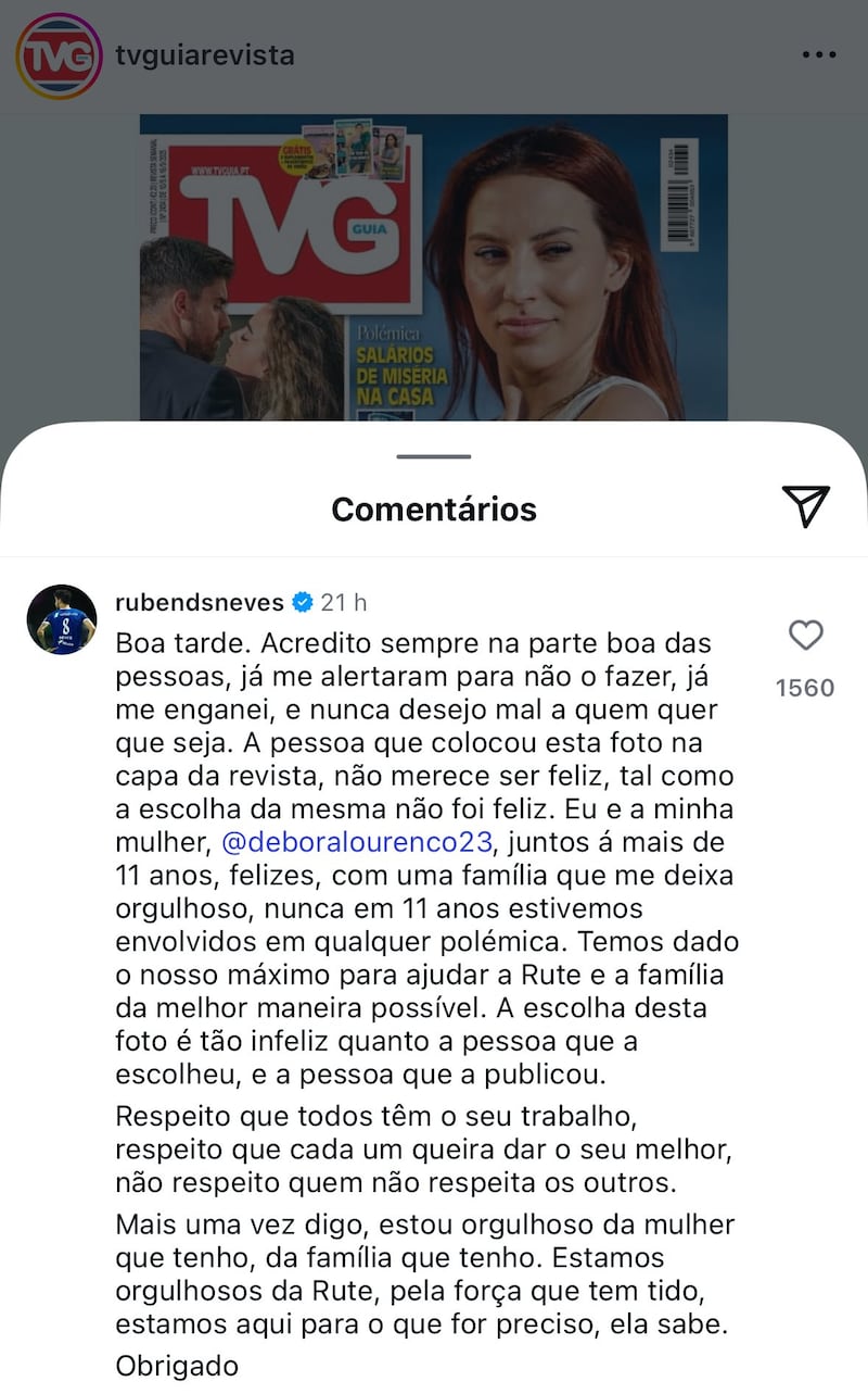 Rúben Neves desmintió los rumores que lo vinculaban sentimentalmente con Rute Cardoso.