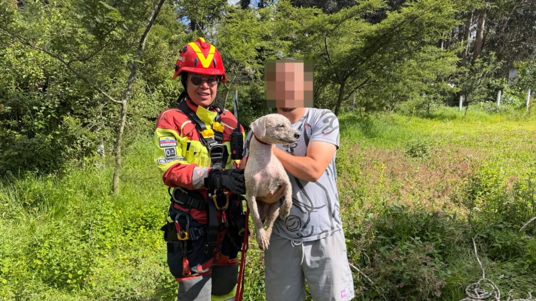 Hombre bajó a una quebrada para rescatar a su perro y terminó atrapado en Quito; los bomberos tuvieron que rescatarlo