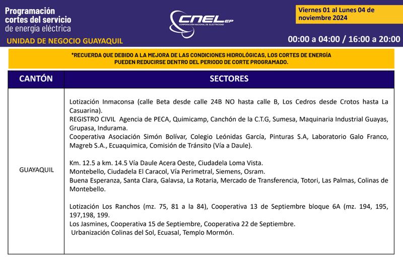 Guayaquil: Así quedan los nuevos horarios de cortes de luz para el feriado de noviembre