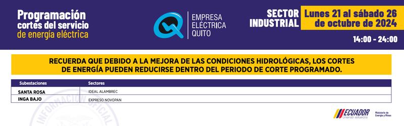 Horarios de corte de luz en Quito hasta el 26 de octubre
