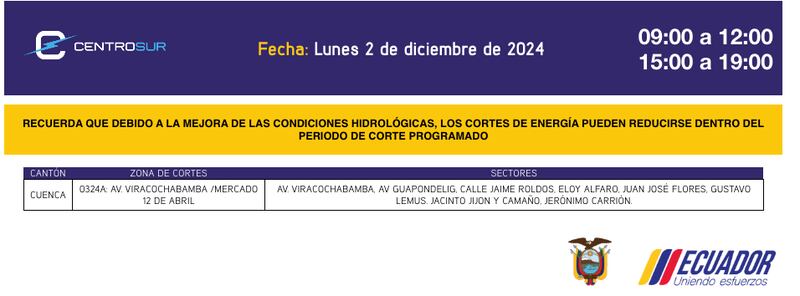 Cuenca: revise el cronograma de cortes de luz de este lunes 2 de diciembre. Imagen: CENTROSUR