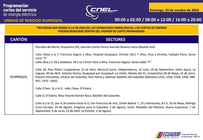Guayaquil: horarios de cortes de luz para este sábado 19 y domingo 20 de octubre. Imagen: CNEL