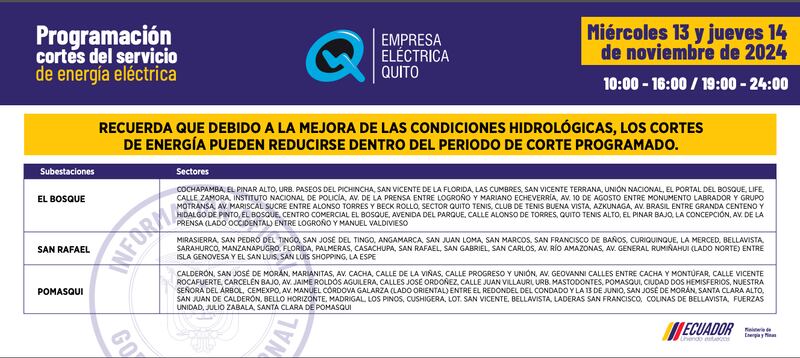 cortes de luz Quito 13 y 14 noviembre