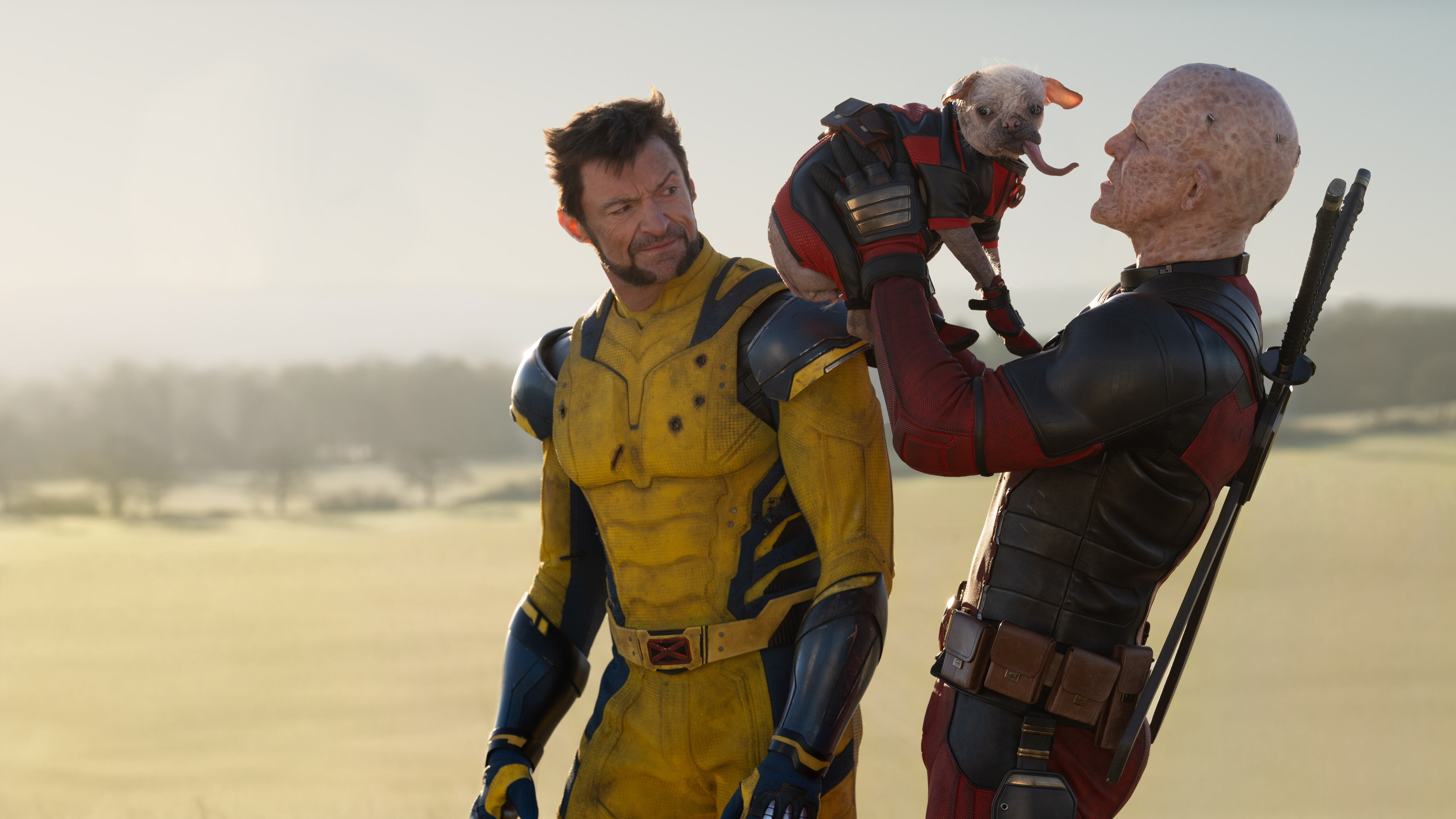 (L-R): Hugh Jackman as Wolverine/Logan, Dogpool, and Ryan Reynolds as Deadpool/Wade Wilson in 20th Century Studios/Marvel Studios' DEADPOOL & WOLVERINE. Photo by Jay Maidment. © 2024 20th Century Studios / © and ™ 2024 MARVEL.