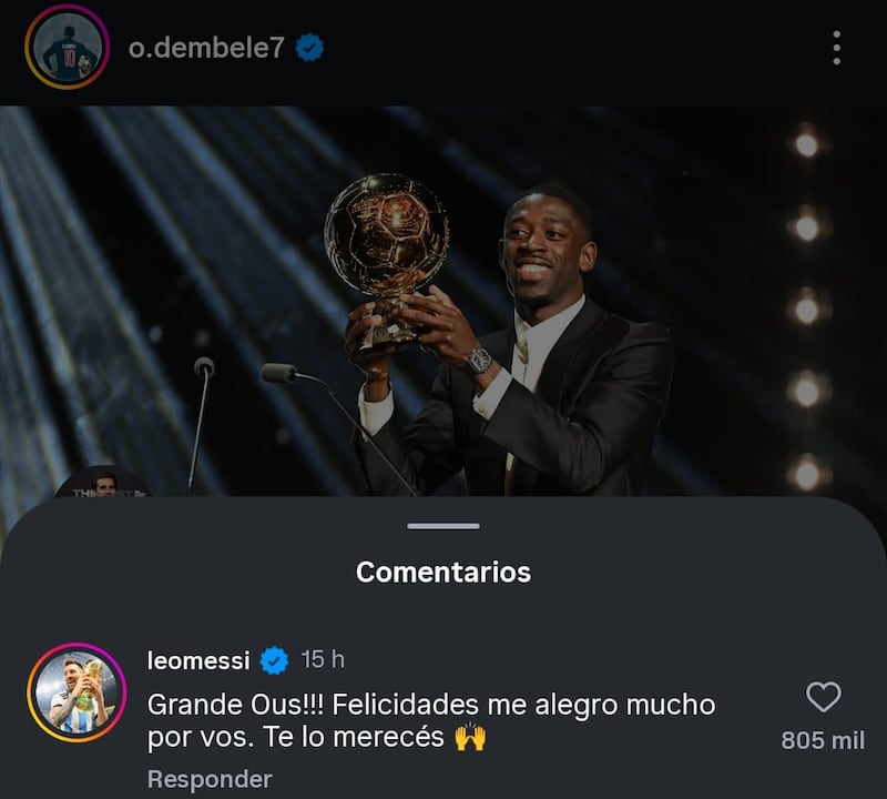 Messi felicita a Dembélé por su Balón de Oro y destaca su evolución