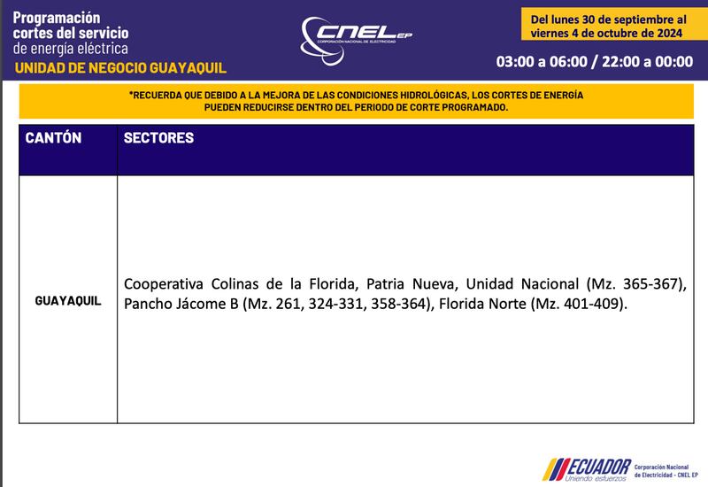 Cortes de luz en Guayaquil hasta el 4 de octubre