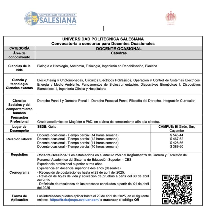 Universidad Politécnica Salesiana:
Convocatoria a concurso para Docentes Ocasionales