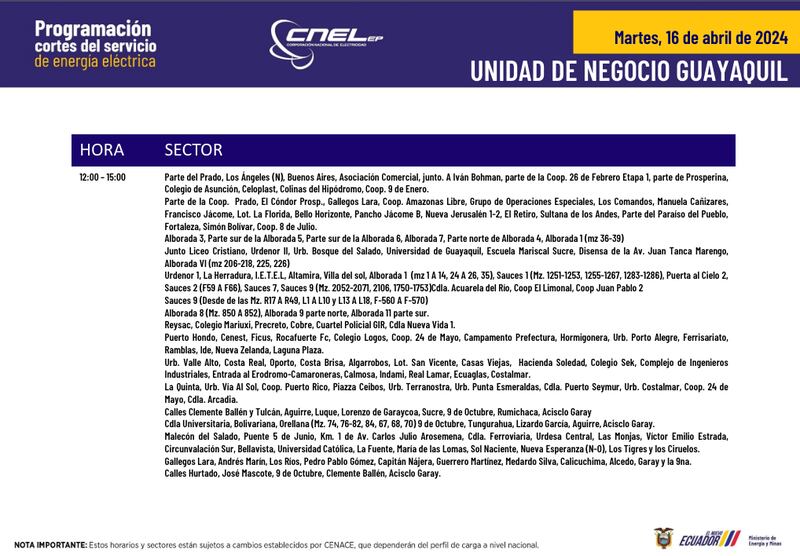 Horarios y sectores para cortes de luz en Quito