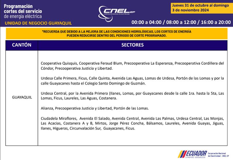 Cortes de luz en Guayaquil del 31 de octubre al 3 de noviembre