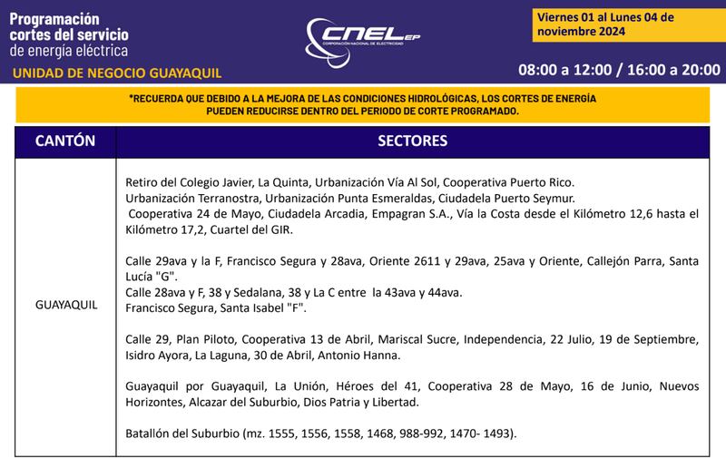 Guayaquil: Así quedan los nuevos horarios de cortes de luz para el feriado de noviembre