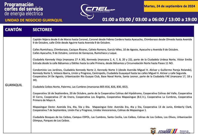 Horario de cortes de luz para este martes 24 de septiembre en Guayaquil