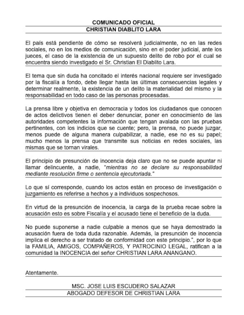 Defensa de Christian “El Diablito” Lara se pronuncia tras su detención en Quito