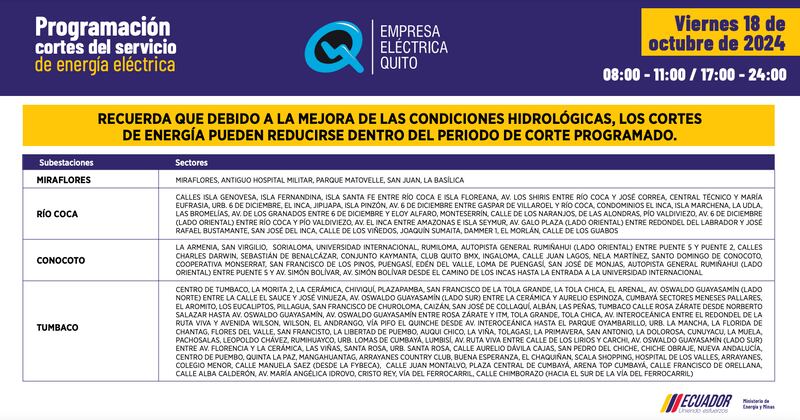 Quito: recuerde los horarios de cortes de luz de este viernes 18 de octubre. Imagen: EEQ