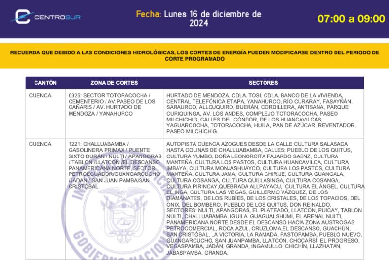 Cuenca: cronograma de apagones de este lunes 16 de diciembre. Imagen: CENTROSUR