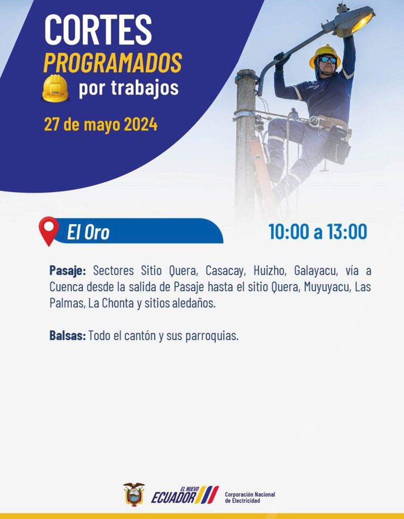 Cortes de luz en cinco provincias del Ecuador para este lunes 27 de mayo. Imagen: CNEL