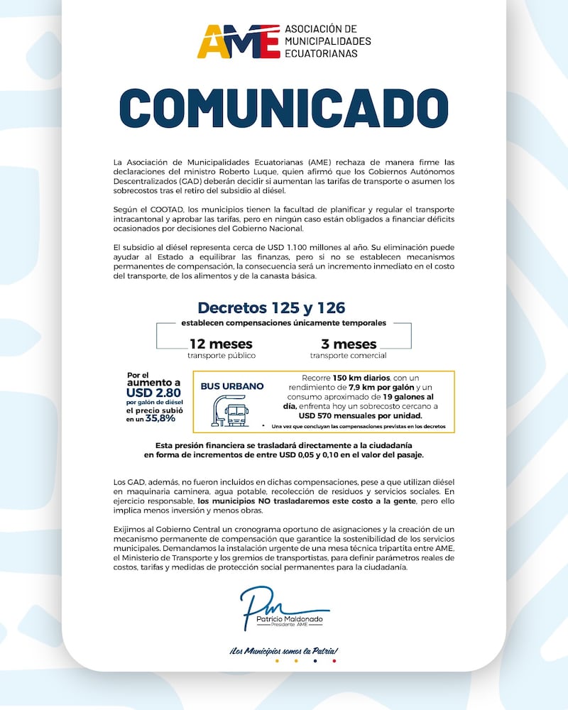 AME sobre pasajes de bus