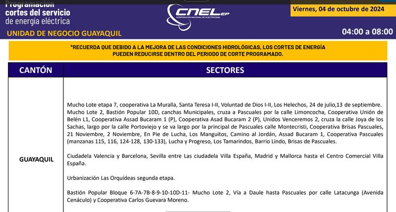 Cortes de luz en Guayaquil el 4 de octubre