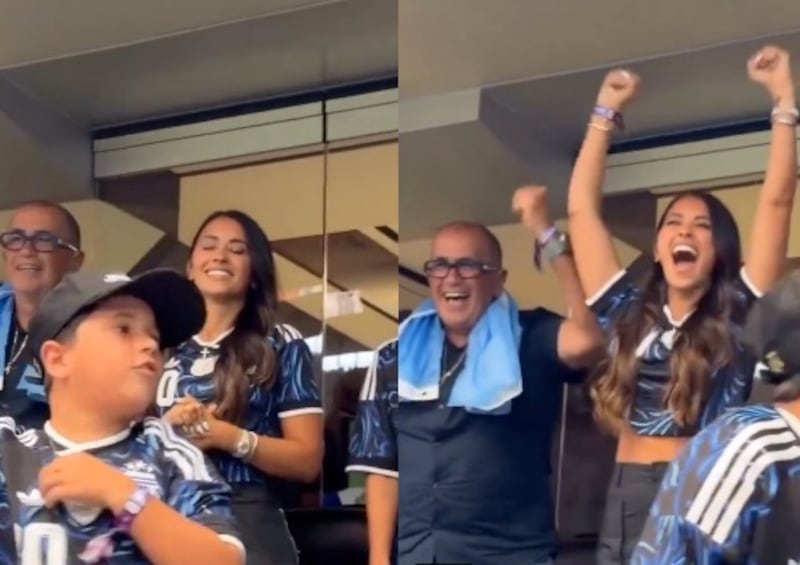 Antonela Roccuzzo y sus hijos celebraron desde el palco el gol de Lionel Messi en la victoria de Argentina sobre Austria.