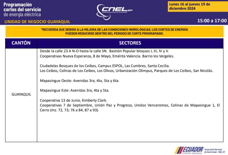 Guayaquil: nuevos horarios de apagones de dos horas del 16 al 19 de diciembre. Imagen: CNEL