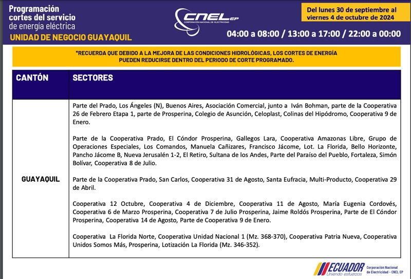 Cortes de luz en Guayaquil hasta el 4 de octubre