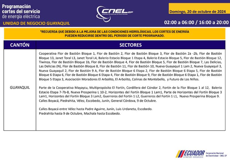 Guayaquil: horarios de cortes de luz para este sábado 19 y domingo 20 de octubre. Imagen: CNEL