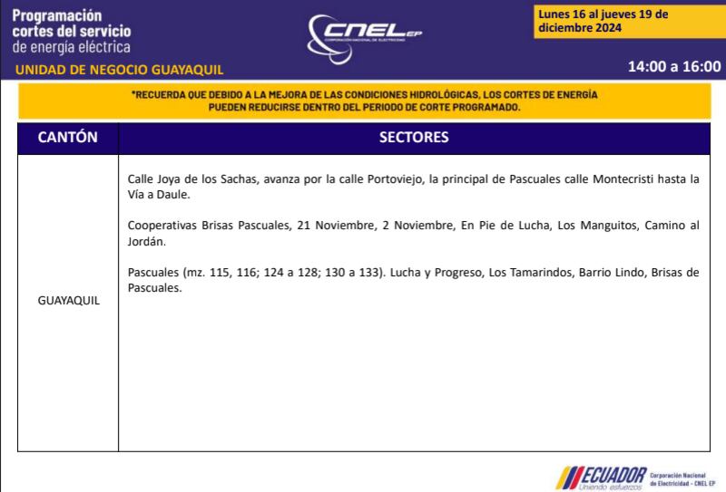 Guayaquil: nuevos horarios de apagones de dos horas del 16 al 19 de diciembre. Imagen: CNEL