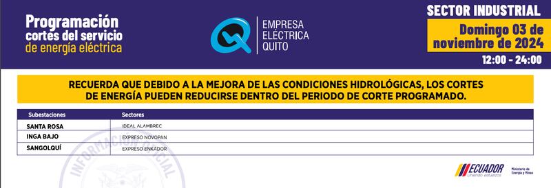 Quito: horarios de cortes de luz del 28 de octubre al 3 de noviembre