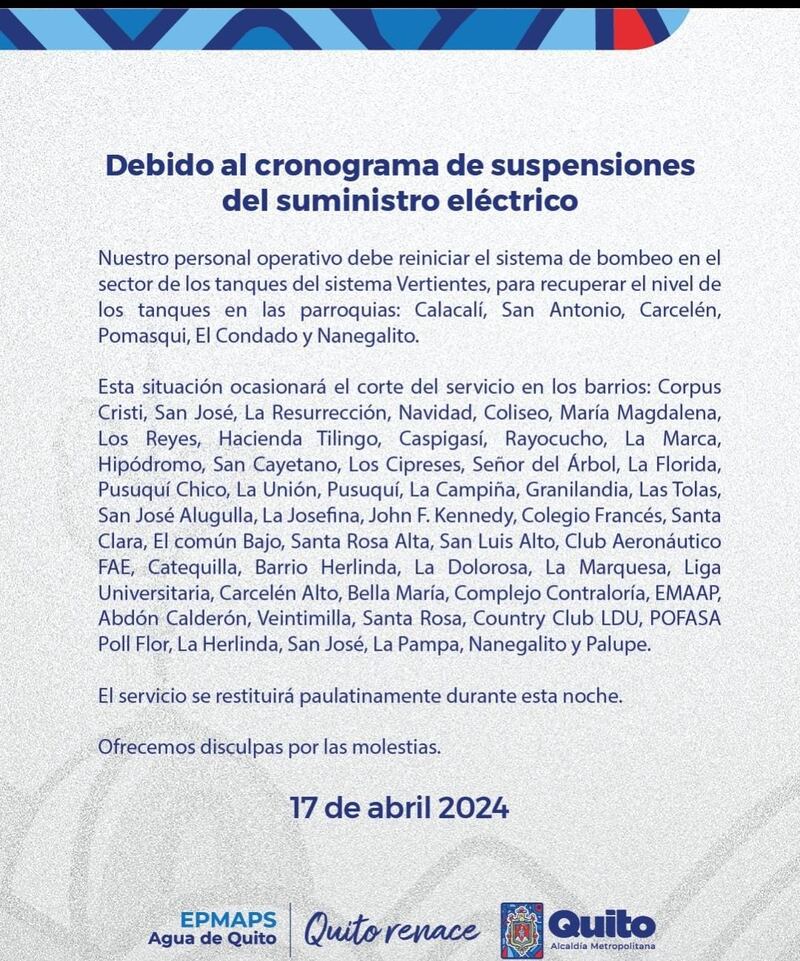 Quito: estos son los sectores que se quedarán sin agua debido a la suspensión del suministro eléctrico.